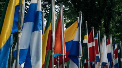 A row of international flags. 